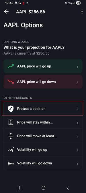 The option wizard protect a position on the android phone